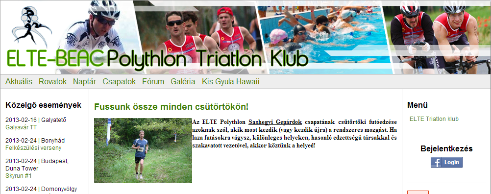 Az ELTE Polythlon Triatlon Klub honlapjnak fejlce (2010)